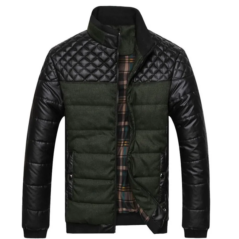 

2018 Autumn Winter Parkas Coat Thick Warm Jackets Men Casual PU Leather Patchwork Designer Outwear Cotton Jacket Male Clothing