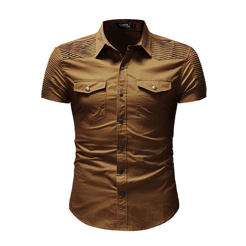 

2019 New Fashion Casual Short-Sleeved Shirt Men'S Folding Patchwork Shirt Solid Color Men'S Denim Shirt 3 Colors