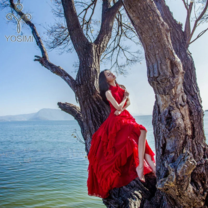 YOSIMI 2018 Summer Dress Maxi Elegant Red Chiffon Vintage Ruffles Long Women Dress Sexy Party Stand-neck Beach Long Dress Female
