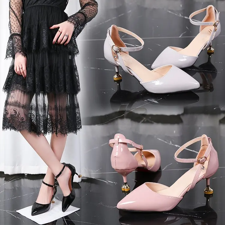 

2019 spring and autumn new pointed high-heeled shoes with baotou with the women's shoes single shoes word buckle with sandals