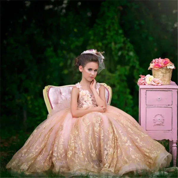 

Pink New Flower Girl Dresses Appliques Handmade Flowers Open Back Birthday Dress Pageant Gowns Vestidos Longo Customlx