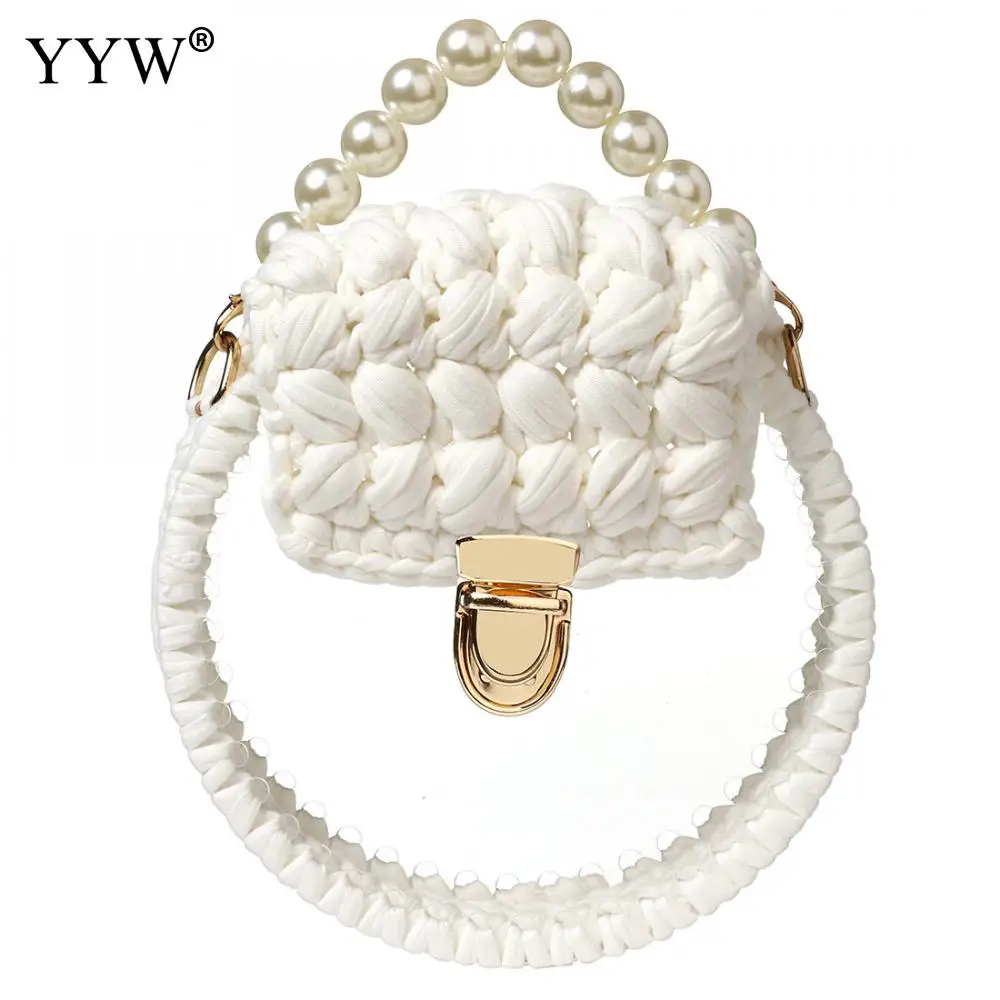 Plastic Pearl Handle Clear Tote Bag Chain Women Messenger Bag 2019 Weave Transparent Small Round Handbag Cute Lock Shoulder Bag