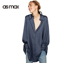 AS MAX Woman Blue Satin Shirt Style Button Down Asymmetric Long Shirt Ladies Blouse Fashion Blouses Casual Loose Tops