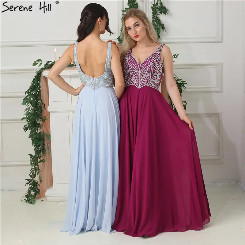 Sky Blue Chiffon Sexy Sleeveless Prom Dresses Beading Pearls V-Neck Beach Evening Gowns Real Photo LA6697