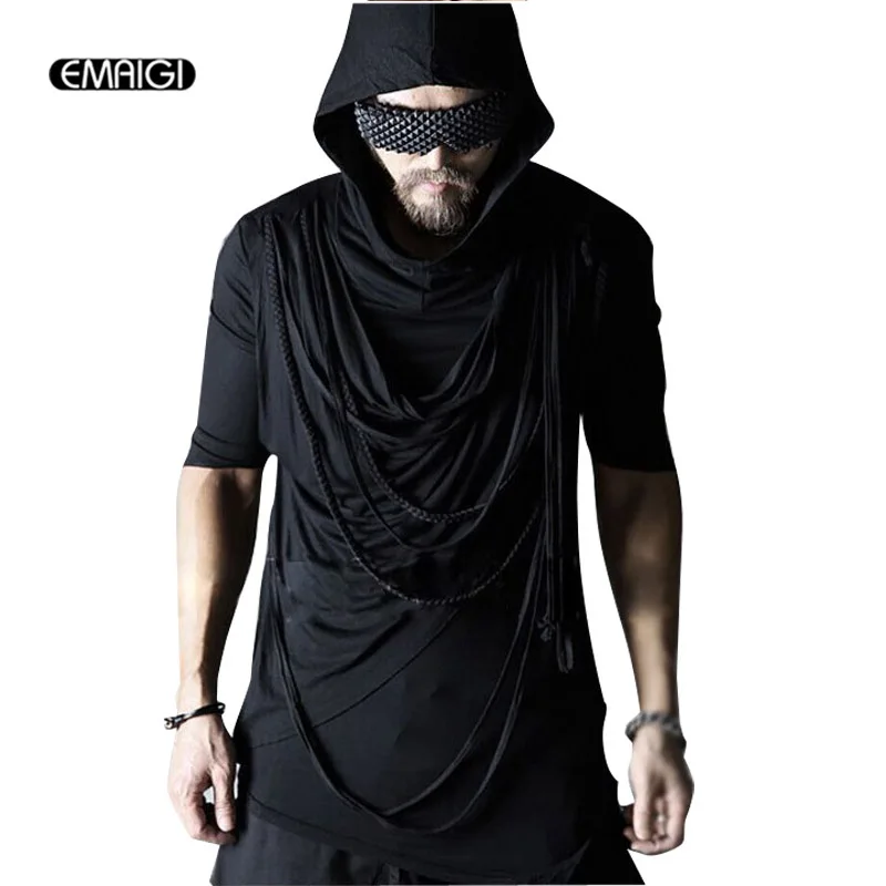 

New Men Hooded T Shirts Punk Rock Stage Show Clothing Male Casual Half Sleeve Rope Tees Shirts Black Slim Tshirt