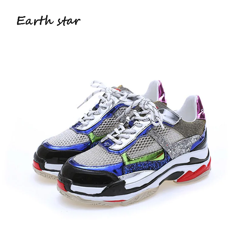 

EARTH STAR 2018 Summer Casual Sequins Shoes Women Brand Platform Sneakers Glitter Lady Breathable footware Female Mesh chaussure
