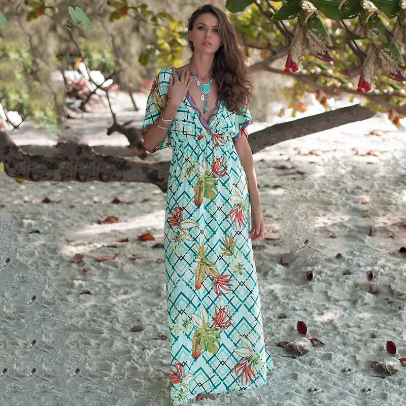 

Beach Dresses Pareo Bikinis Female 2019 Cover Up Dress For Women Bathing Suit Ups Summer New Neck Long Sleeve Print Bat Linen