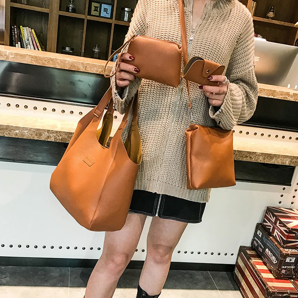 

Women's handbag set 2019 leather shoulder bag large capacity casual handbag female solid color bucket bag and handbag