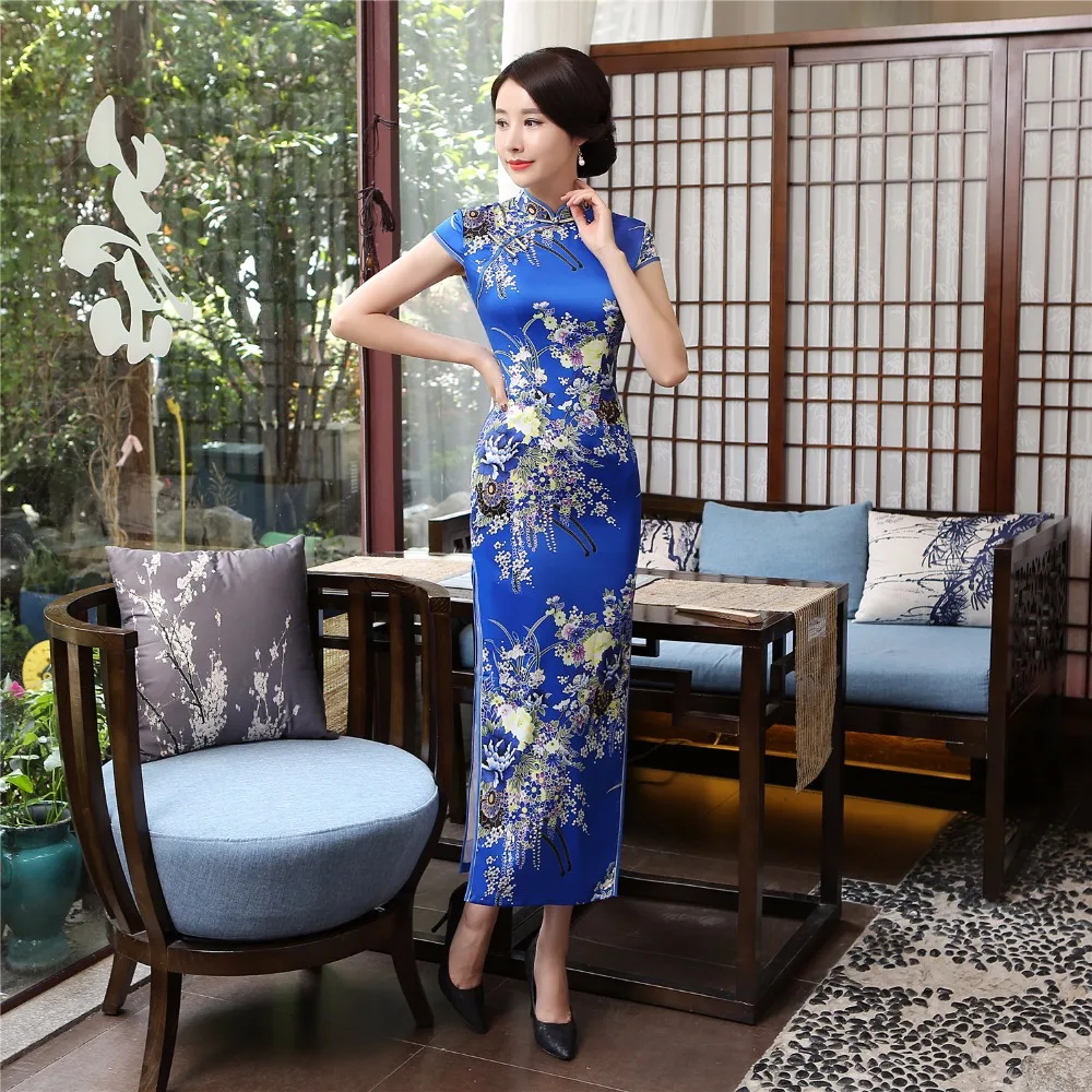 Шанхай история из искусственного шелка Китайская традиционная одежда Китайский стильное платье долго Cheongsam короткий рукав Qipao для женщин