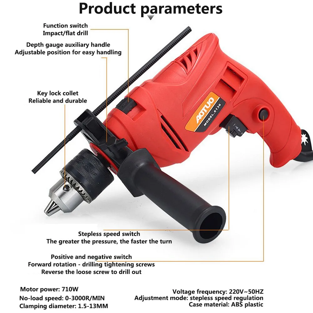 710 Вт Электрическая Дрель ударная дрель многофункциональная Регулируемая скорость 220 В бытовой пистолет дрель многофункциональные