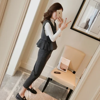 

2017 new Korean women's spring waist vest two piece nine casual pants thin wool suit