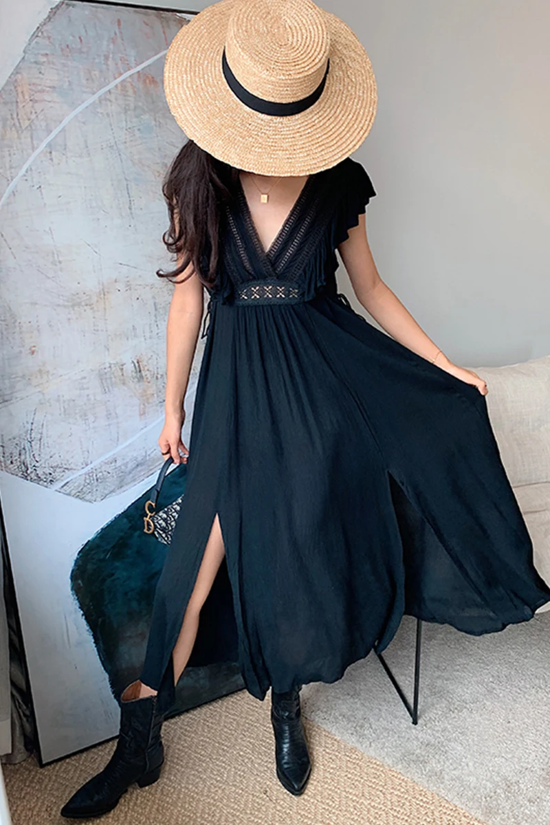 BOHO INSPIRED black ruffle dress V neck 