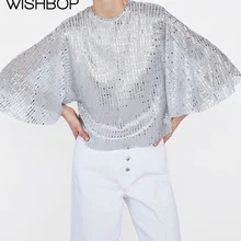 Лето, короткий топ с длинными рукавами, футболки с блестками, Блестящая серебряная футболка с блестками, женские топы на выход