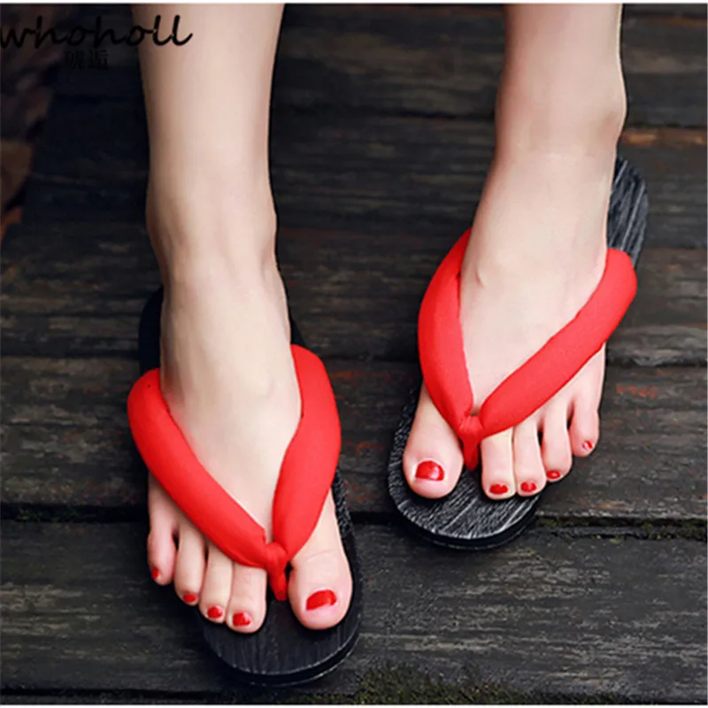 Whoholl Geta Summer Sandals Women Flat Platform Japanese Wooden Shoes Clogs Flip Flops For