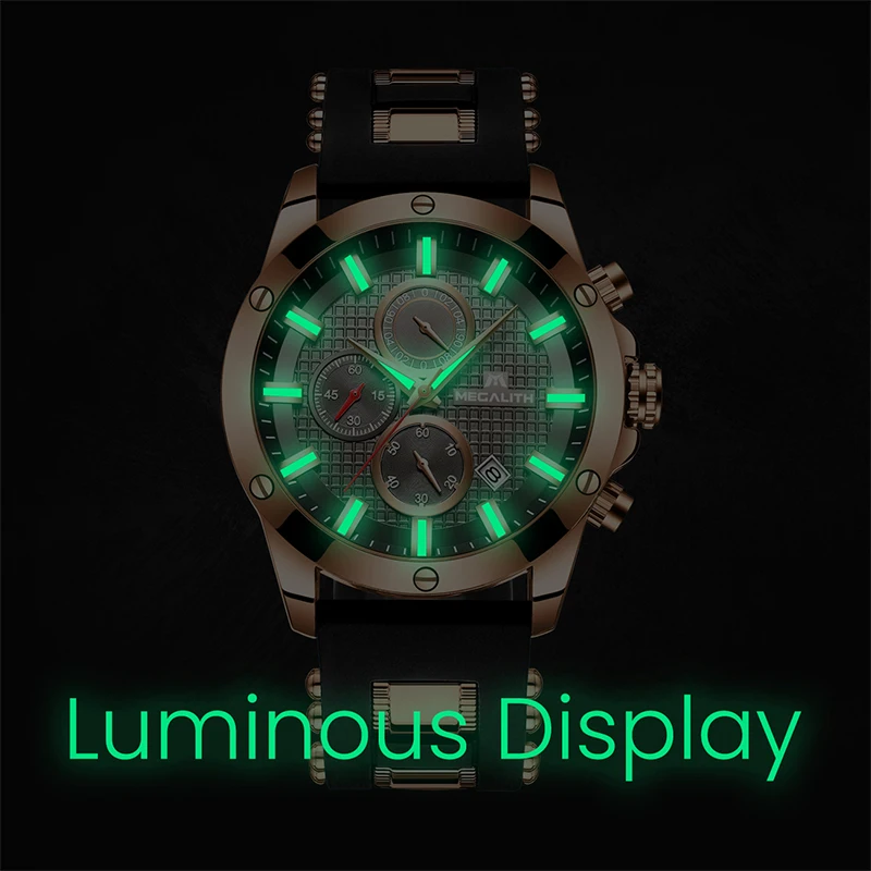 MEGALITH спортивные мужские часы с хронографом, лучший бренд класса люкс, водонепроницаемые светящиеся синие кварцевые часы с силиконовым ремешком, мужские часы