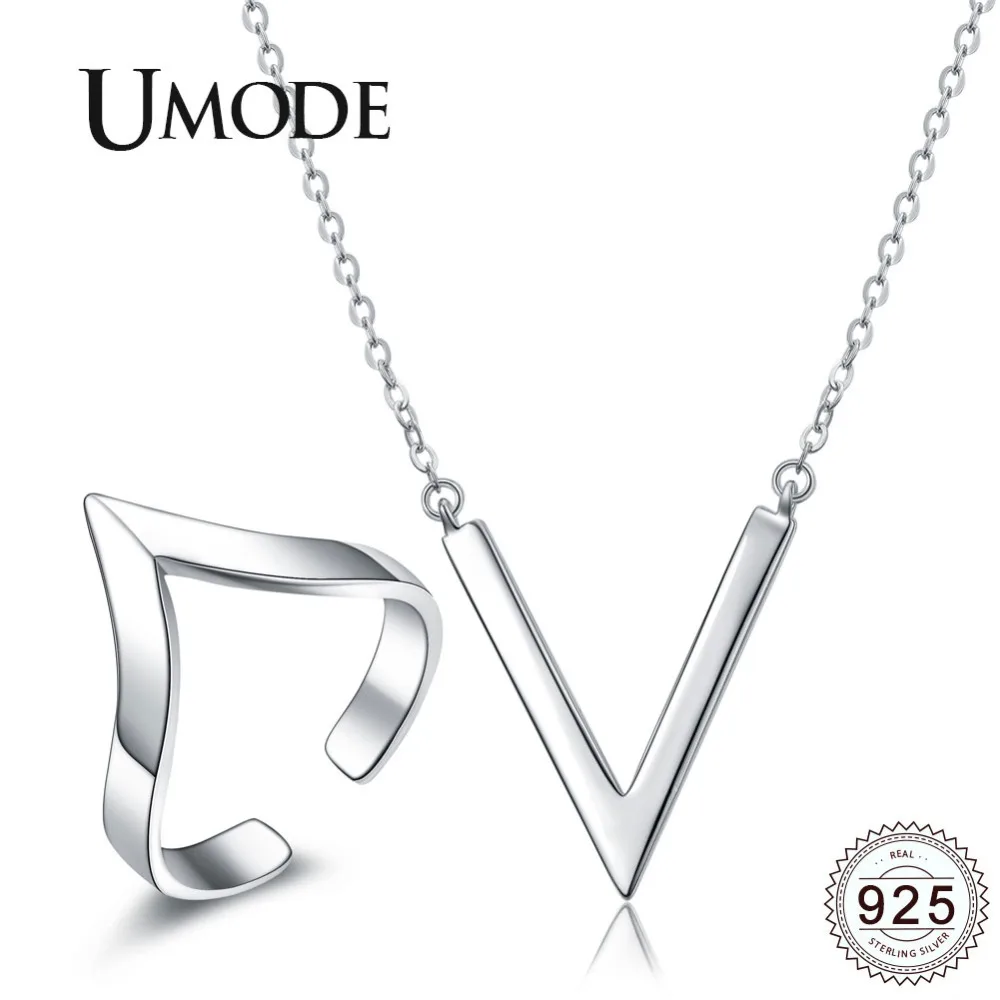 UMODE V Форма письмо стерлингового серебра 925 регулируемые открытые кольца 925 серебро ожерелье с удлиненной цепью Подвески Ювелирные наборы ULS0015