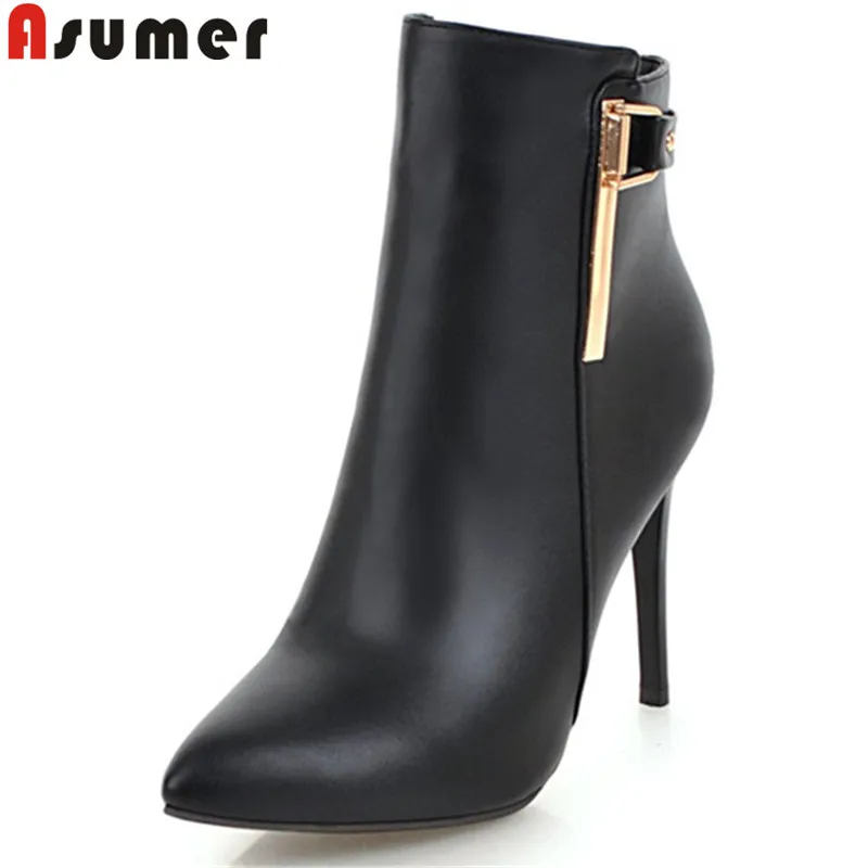 Goede ASUMER zwart wit mode herfst winter laarzen puntschoen zip stiletto hakken enkellaars prom hoge hakken enkel laarzen voor vrouwen