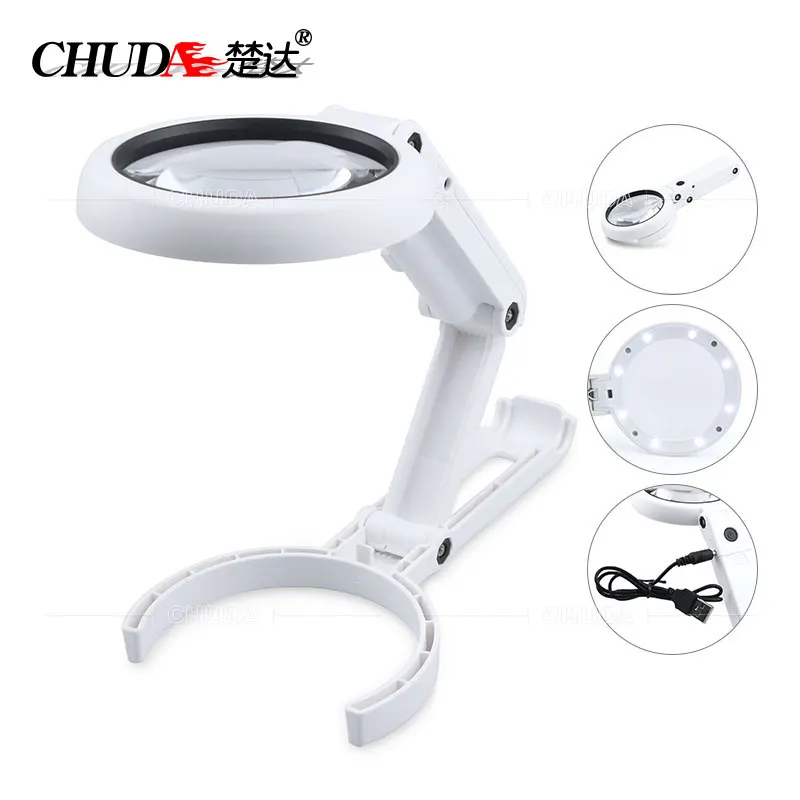 CHUDA 5X складывающаяся ручка-держатель с подсветкой Лупа USB 8LED лупа настольная подставка для шитья