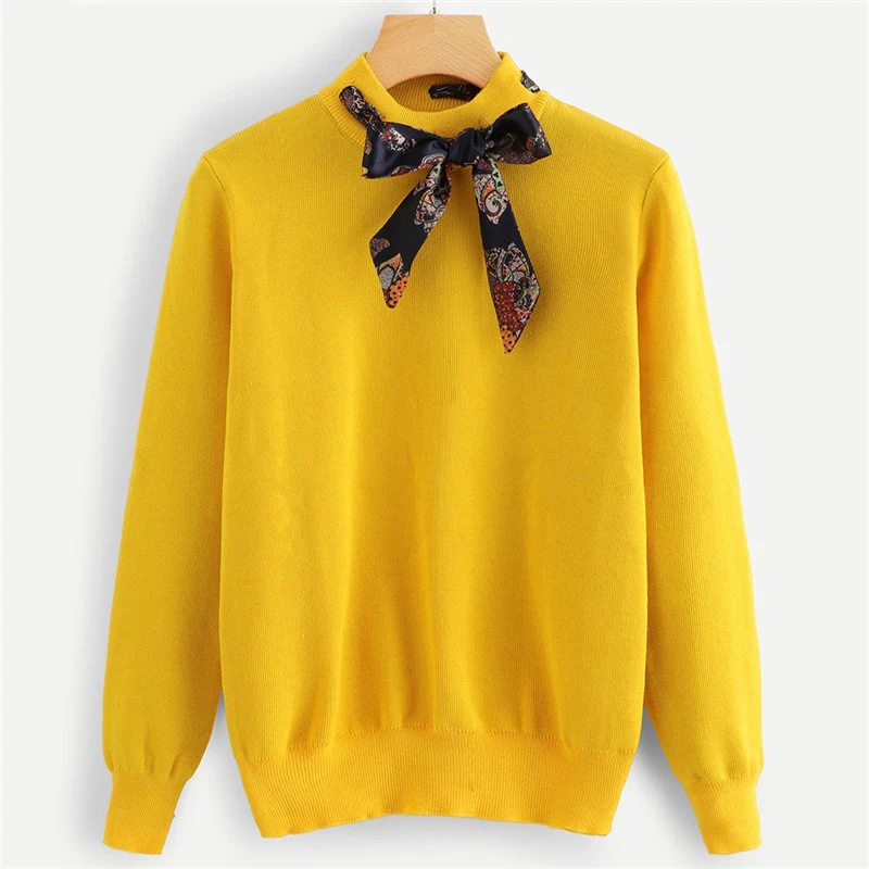 Preppy معقود الديكور التعادل الرقبة الوقوف طوق الصلبة عارضة النساء سترة جديد الخريف الحرم الجامعي Highstreet البلوفرات البلوزات