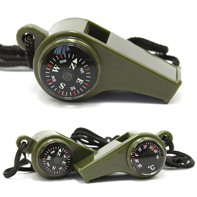 

1PC Outdoor Whistle Compass Thermometer 3 In 1 Camping Hiking Accessory Multi-Functional Survival Tools Nylon Neck Rope Compass