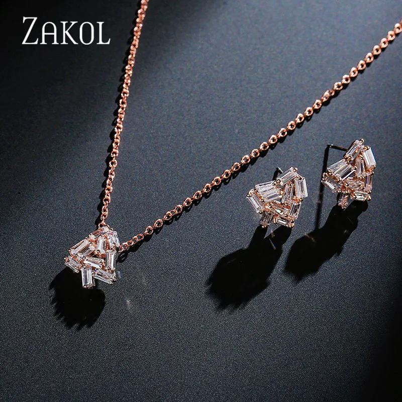 

ZAKOL Exquisite Baguette Cubic Zircon Wedding Jewelry Set for Women Girl Fashion Triangle Necklace & Earring Set FSSP343