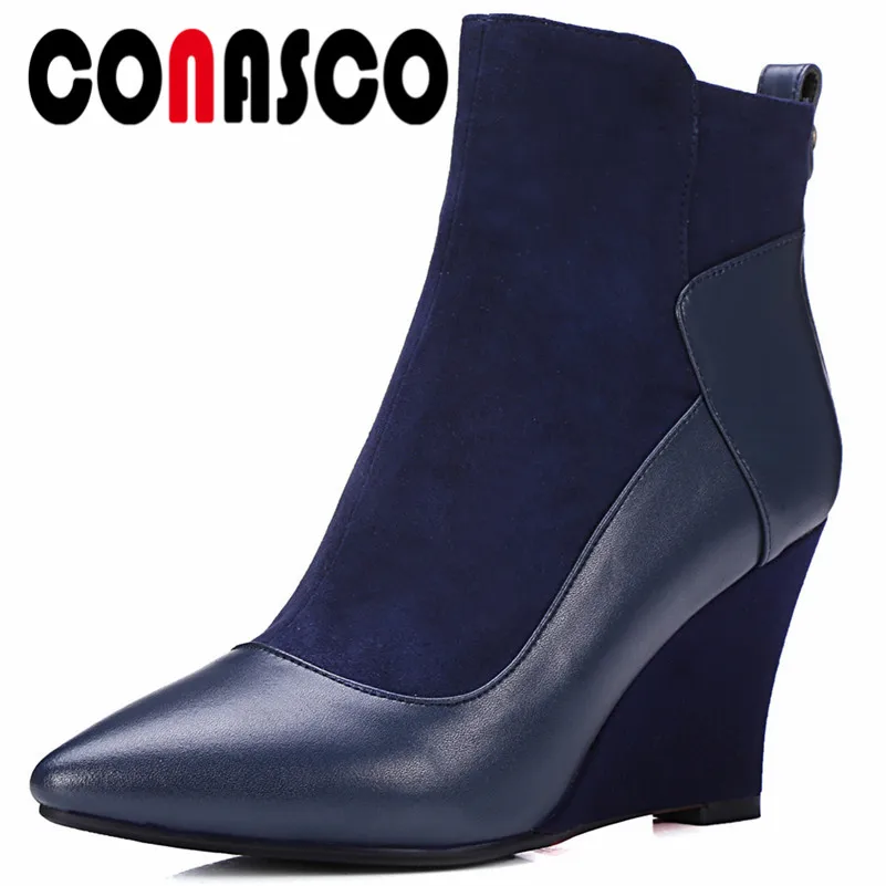 

CONASCO New Arrival Women Genuine Leather Wedges High Heels Ankle Boots Zipper Pointed Toe Martin Shoes Woman Short Boots