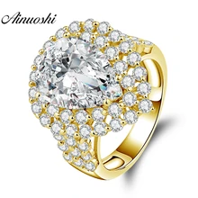 AINUOSHI 14K Solid Yellow Gold Droplet Halo Ring 5ct Pear Cut Big Stone Ring Luxury Wedding Engagement Jewelry Gift Women Ring