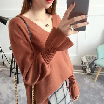 

Long Flare Sleeve Sweater Women V Neck Pullovers Femme Crocheted Knitted Clothes Slim Bodycon Fall Sweaters for Women