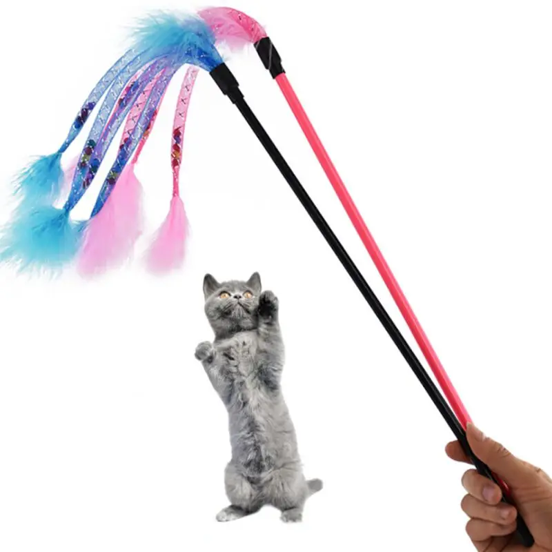 Cat Toy Feather Wand Stick Catcher Teaser Toy With Bell Bead For Pet
