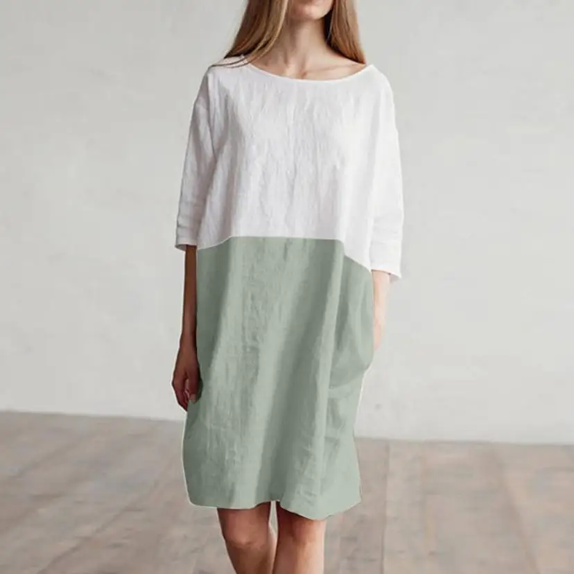 

Women Casual Patchwork 1/2 Sleeved Cotton Linen Oversized Loose Pockets Tunic Dress High Waist Dress linen Dress vestidos F4