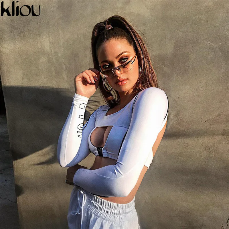 Kliou 2018 جديد أزياء كامل كم س الرقبة قصيرة النساء بلوزات عارية الذراعين الجوف خارج زر حزام إلكتروني طباعة مثير النساء المحملات