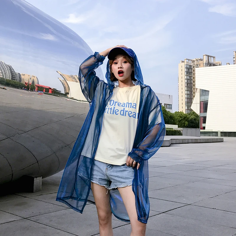 low cost  Shimmer Women's Summer Jacket Long Hooded Sunscreen Coat Loosen Perspective Womens Clothing Hot Sal