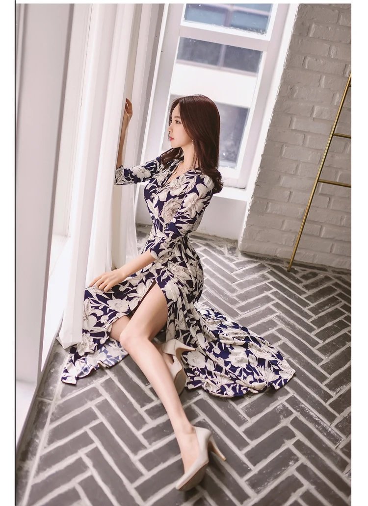 free shipping women summer floral dress v-neck high slit beted sexy dress bohemian style maxi dress ladies slim dress s-xl