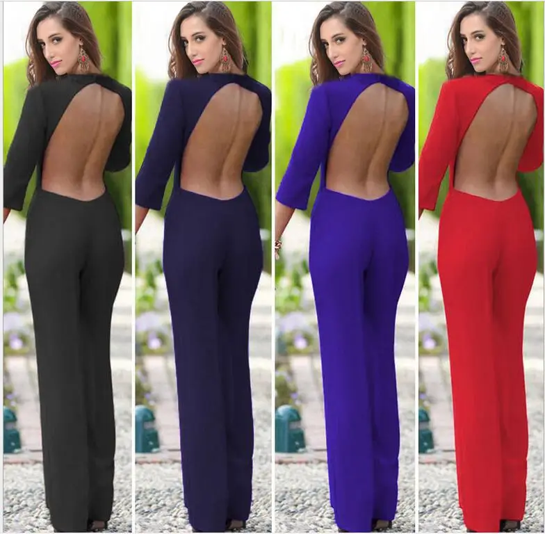 2016 New Fashion Sexy women Backless Jumpsuits Long sleeve Tight