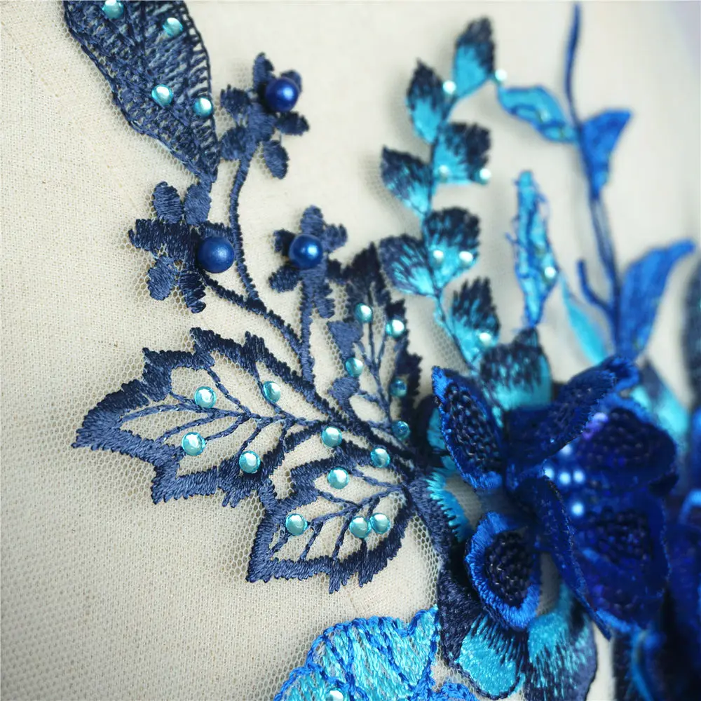 Королевский синий Ткань 3D цветы розы бусины стразы аппликации с блестками кружево отделка вышивка сетка пришить патчи для свадьбы DIY