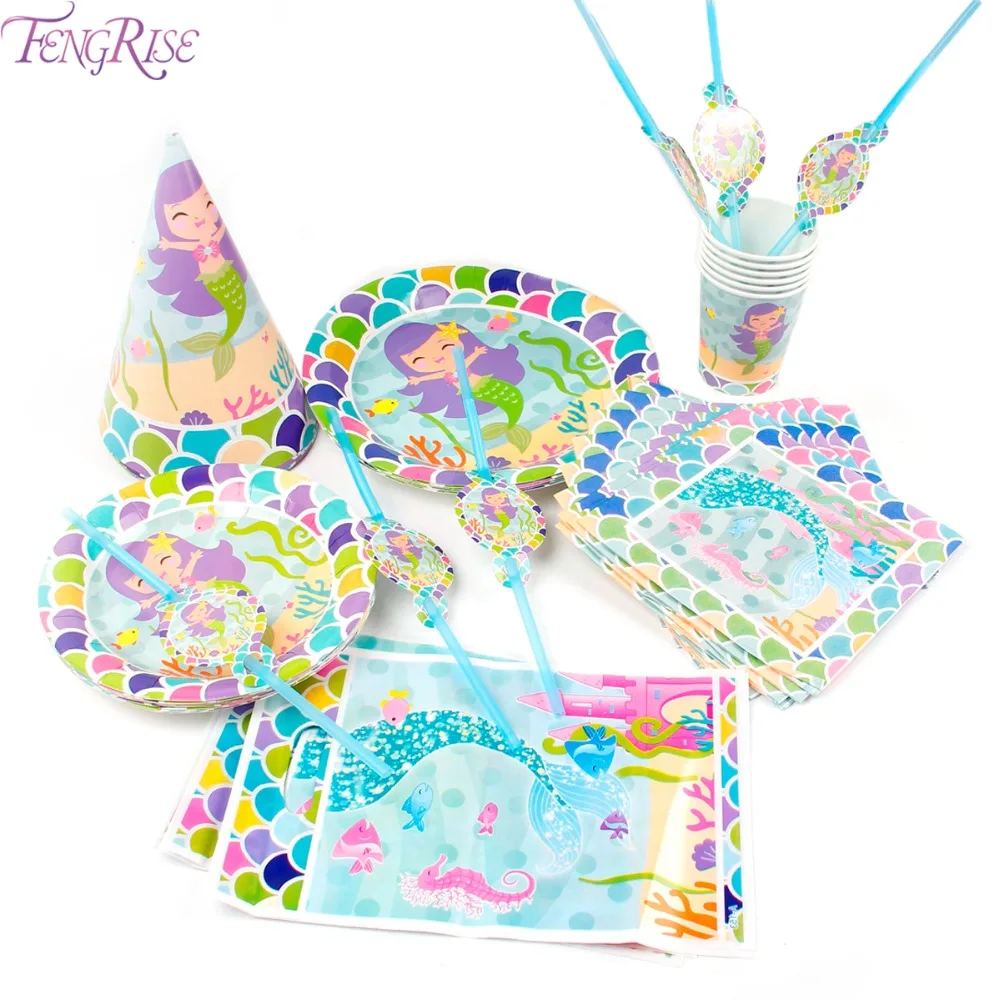 FENGRISE Tableware Set Mermaid Party Supplies Tableware For Kids Happy Birthday Party Mermaid Theme Banner Cups Paper Plates str