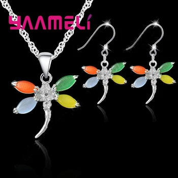 

Fashion Korean Style Dragonfly Opal Necklace Hook Earrings Jewelry Sets 925 Sterling Silver Opal Pendant Earrings Sets