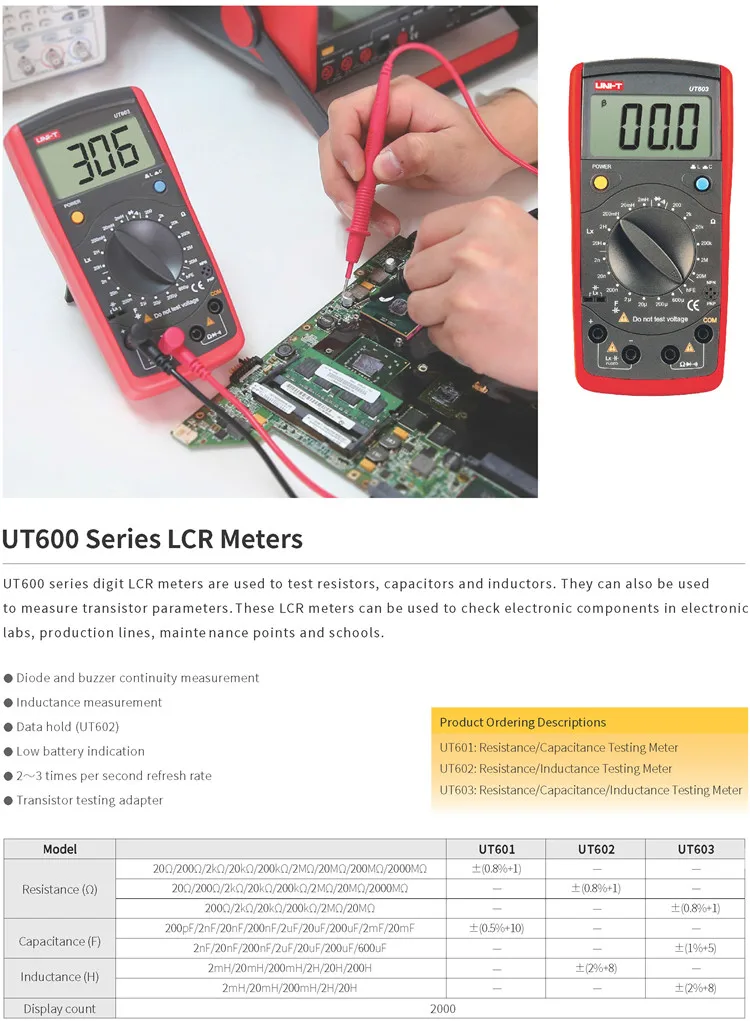 UNI-T UT603 Индуктивный постоянной ёмкости, универсальный конденсатор метр, Диод/транзистор/сопротивление Тесты цифровой фиксации с низким уровнем Напряжение Дисплей ВКЛ-ВЫКЛ звуковой сигнал