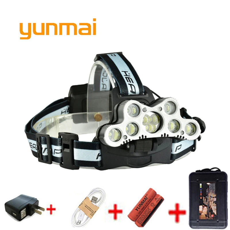 Yunmai 9000LM 5xT6 9 светодиодный налобный фонарь Головной для рыбалки USB фонарик + 2