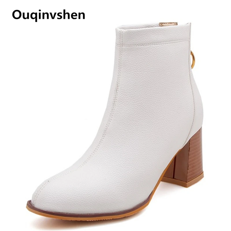 

Ouqinvshen Off White Sewing Winter Boots Women 2018 Plus Size 45 Platform Elegant Booties Ankle Boots Fashion Boots Heels 7CM