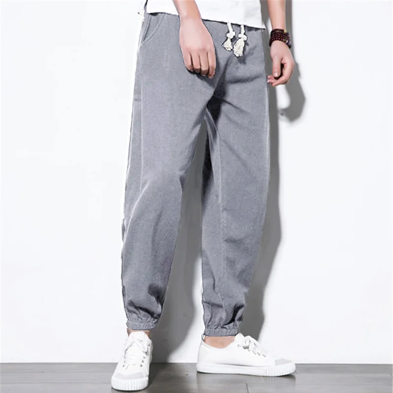 Plus Size M 5XL Casual Pants Men Cotton Linen Ankle Length Plain Solid ...