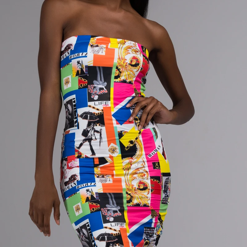 AKIRA Women's All Over Print Pop Art Neon Blacklight Mini Stretch Bodycon Fitted Strapless Tube Dress