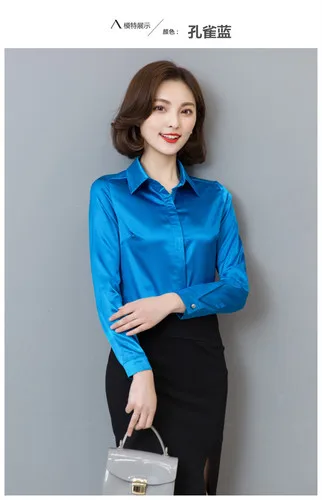 Женские блузки, шелковая блузка, женские офисные блузки белого цвета, женские топы размера плюс, женские рубашки с длинным рукавом, женские топы, одноцветные рубашки - Цвет: Blue