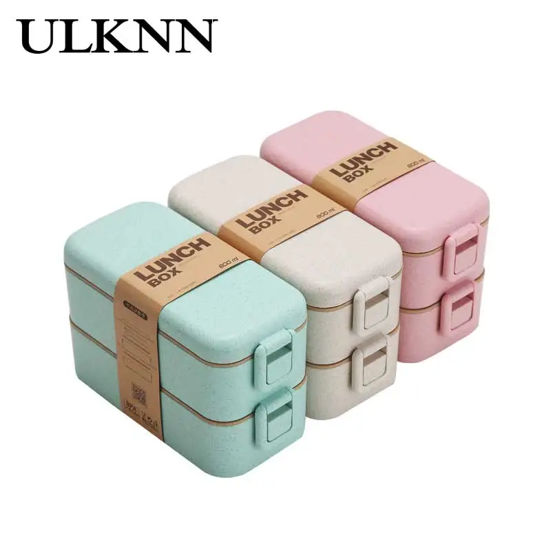 

ULKNN Double Deck Lunch Box Preservation Temperature Solid Colors Simplicity Fashion Wheat Fiber Double Deck Lunch Box