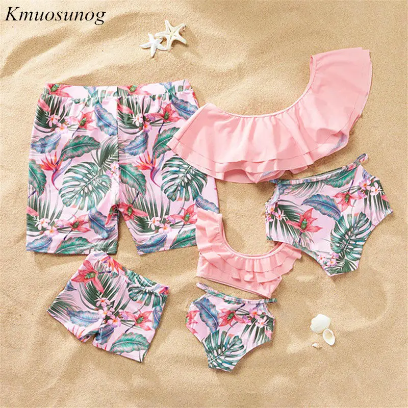 

Family Look Matching Swimsuit 2019 Leaf Print Bikini Set Mother Daughter Swimwear Swimming Trunks For Kids Men Shorts C0351