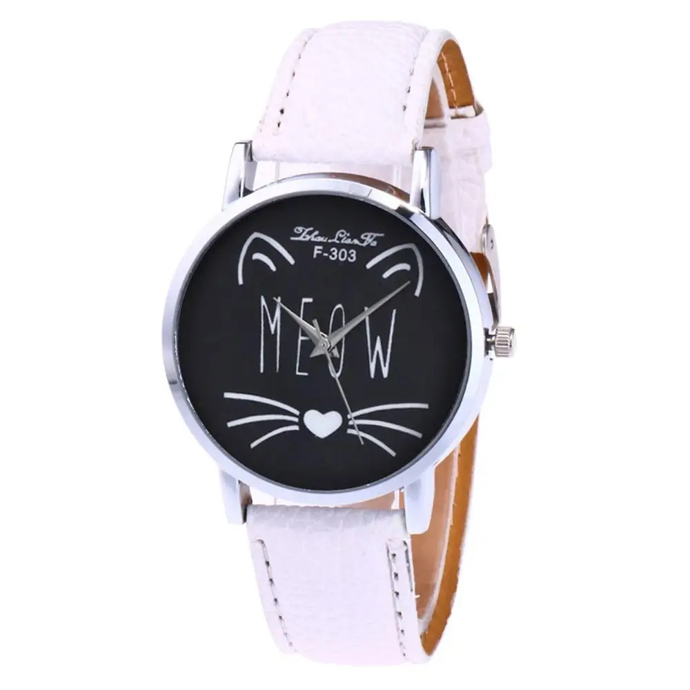 Женские модные повседневные женские часы из искусственной кожи с ремешком, аналоговые кварцевые круглые часы с рисунком кота, часы с принтом, Relogio# A - Цвет: Белый