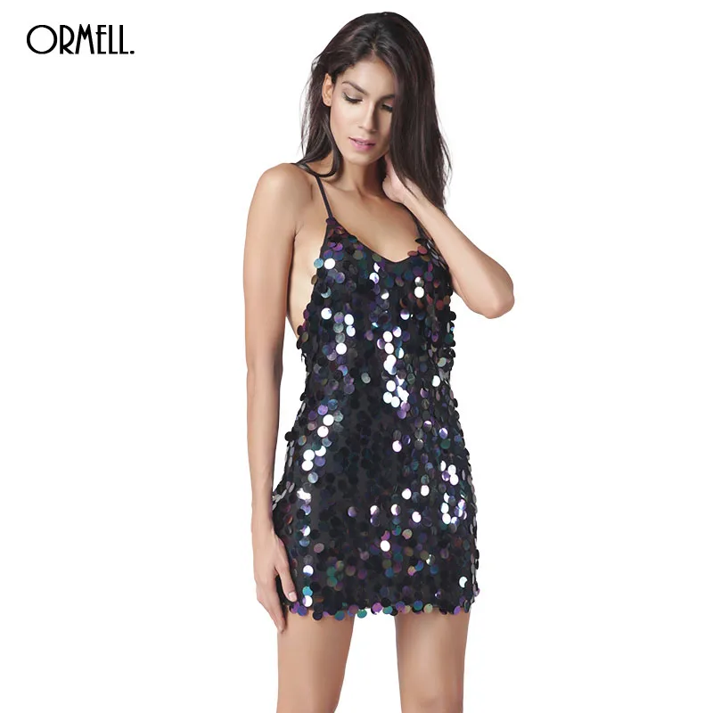

ORMELL Deep V Sequin Backless Dress Sexy Party Short Glitter Dress Women 2019 Autumn Winter Dress Vestido Camisole