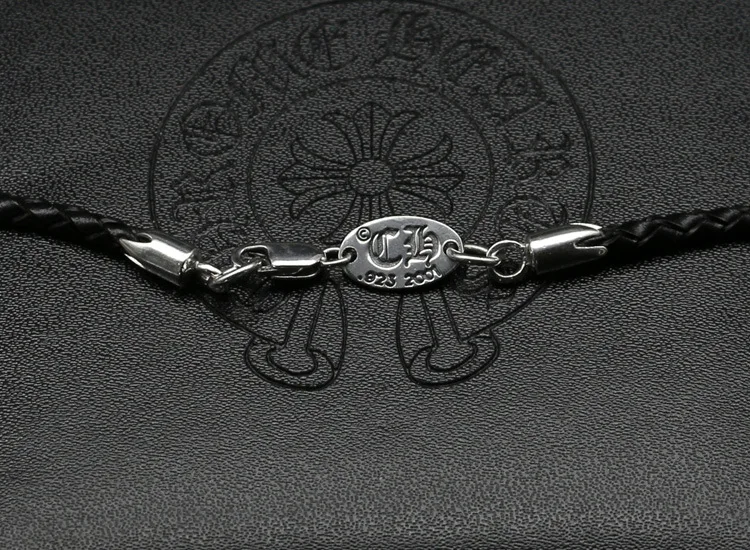 

S925 Sterling Silver Black Leather Cord Necklace Male Thai Silver Men Lanyard Female Lock Bone Chain Student Braided Rope