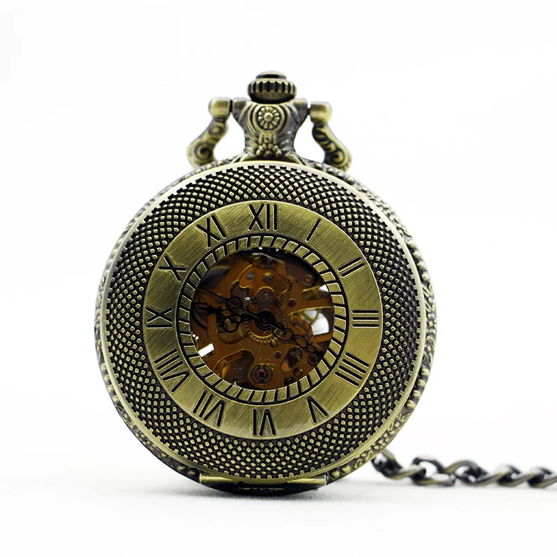 

High Quality Antique&Vintage Bronze Hollow Roman Numeral Hand Wind Mechanical Pocket Watch White Dial with Fob Chain PJX1103