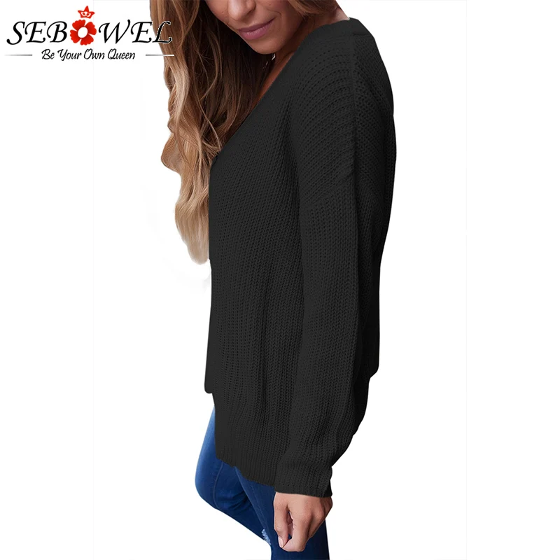 Black-Sexy-V-Neck-Lace-up-Front-Sweater-LC27738-2-2 